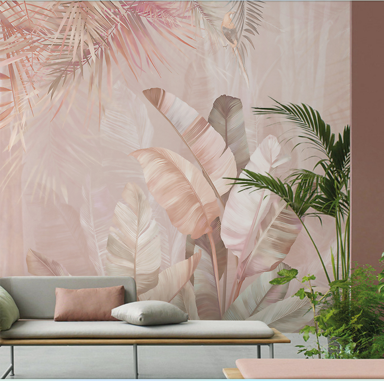 北欧手绘热带植物芭蕉叶壁纸客厅电视背景墙纸无缝沙发无纺布墙布